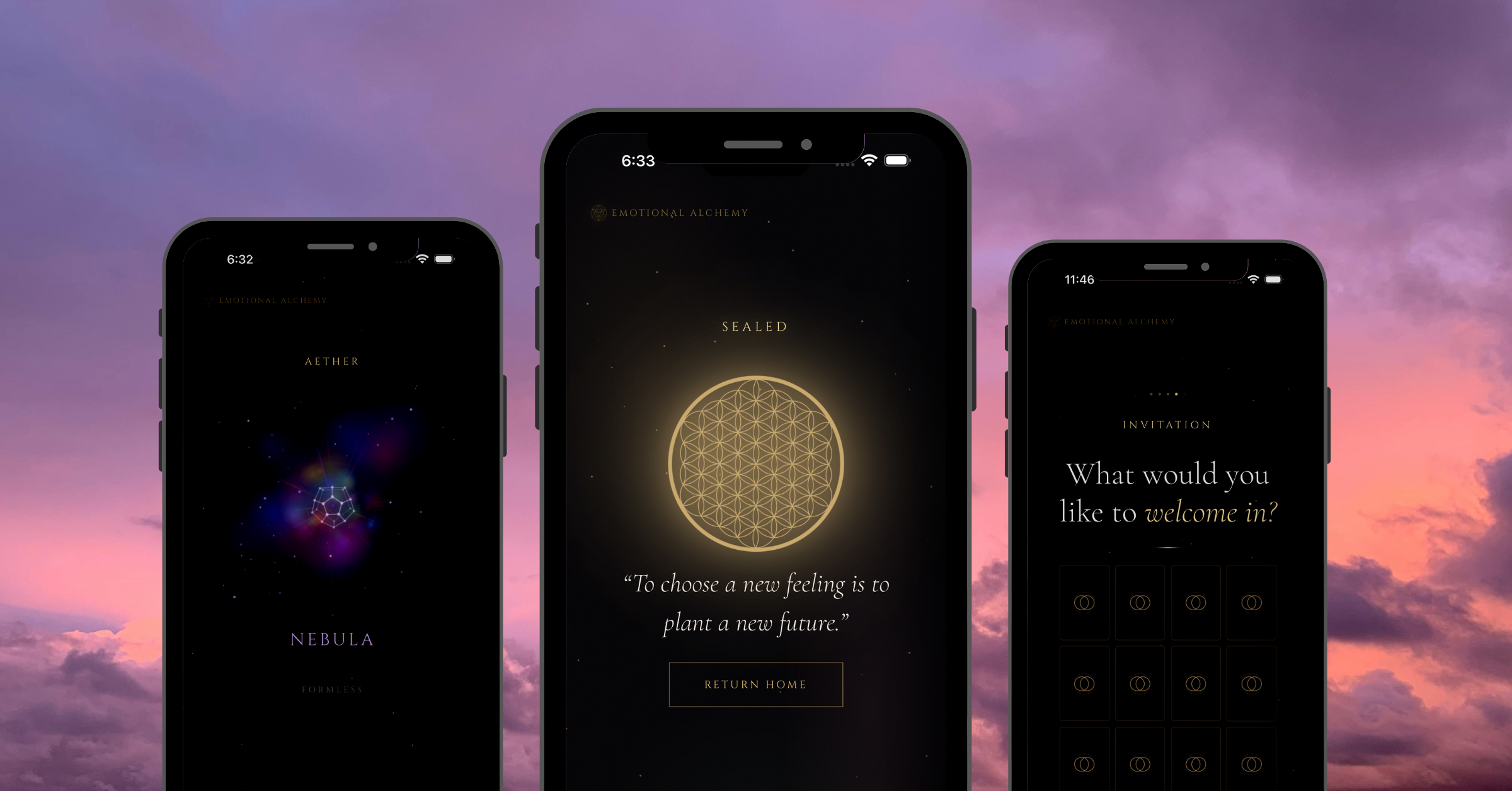 Emotional Alchemy app shown across three iPhone screens